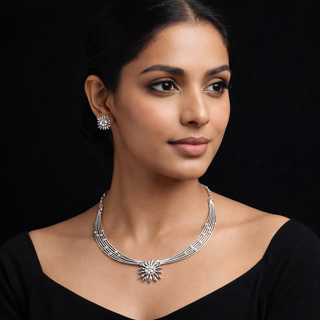925 Silver Floral Necklace Set with Matching Earrings