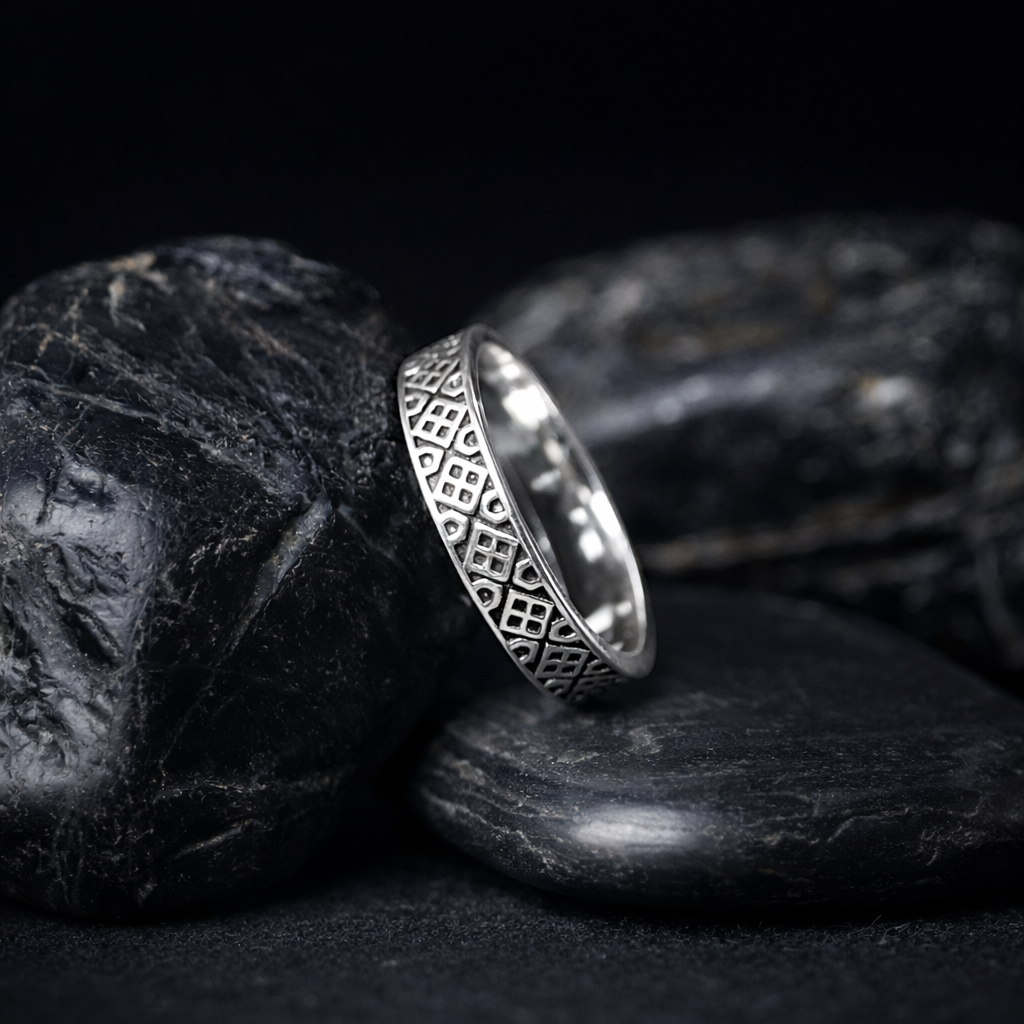 Geometric Pattern Sterling Silver Band Ring