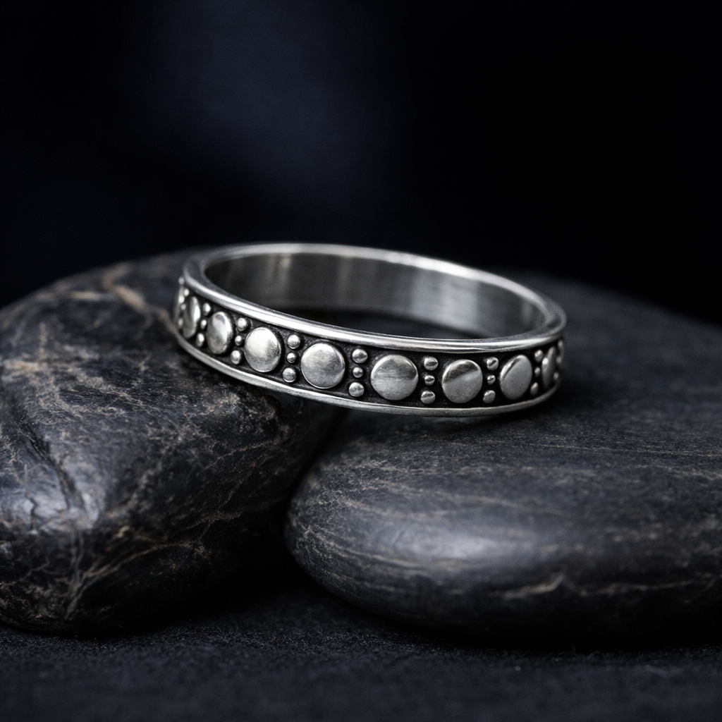Beaded Oxidised Sterling Silver Band Ring