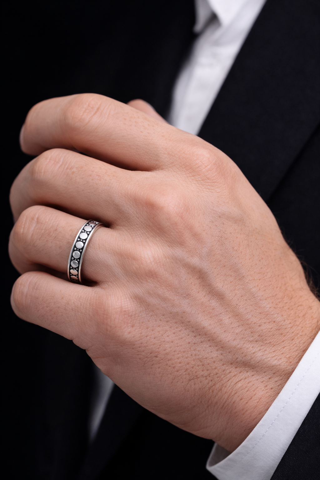 Beaded Oxidised Sterling Silver Band Ring