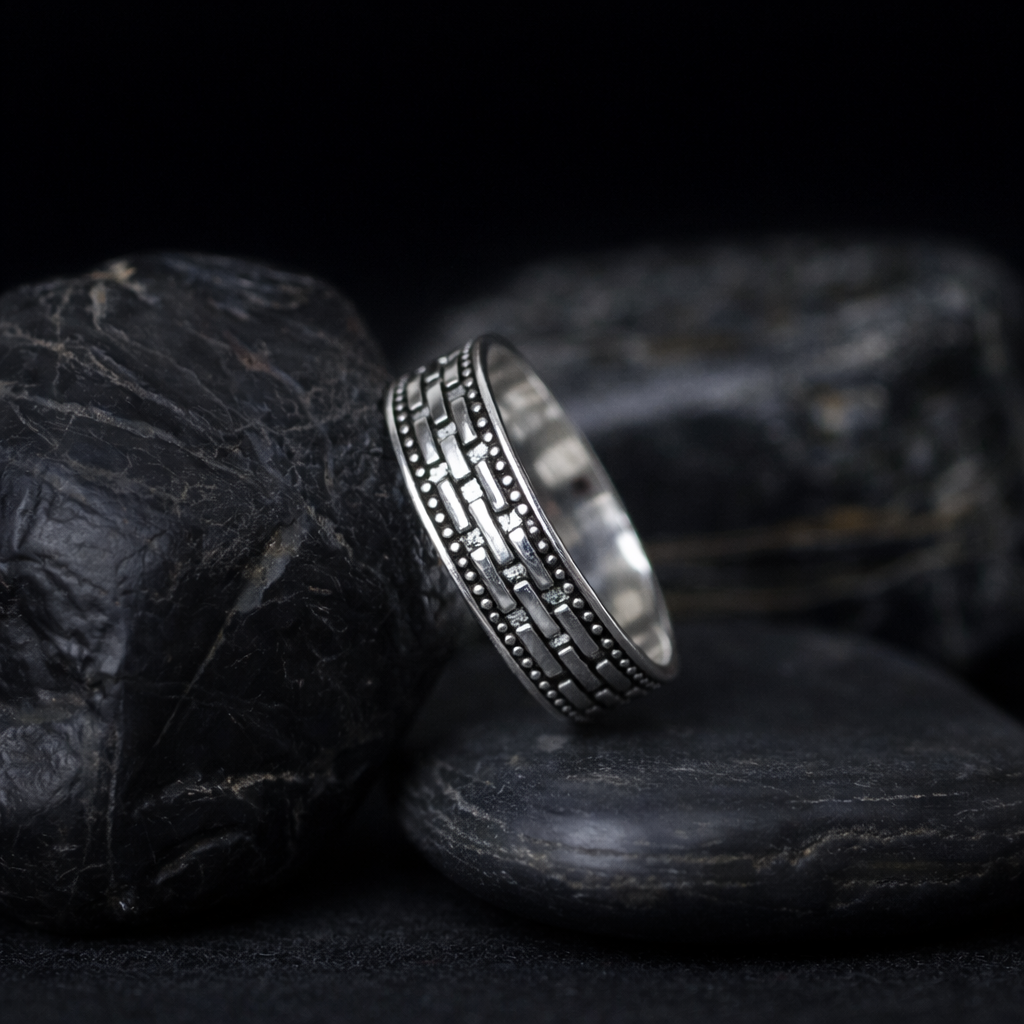 Textured Brick Pattern Oxidised 925 Silver Ring