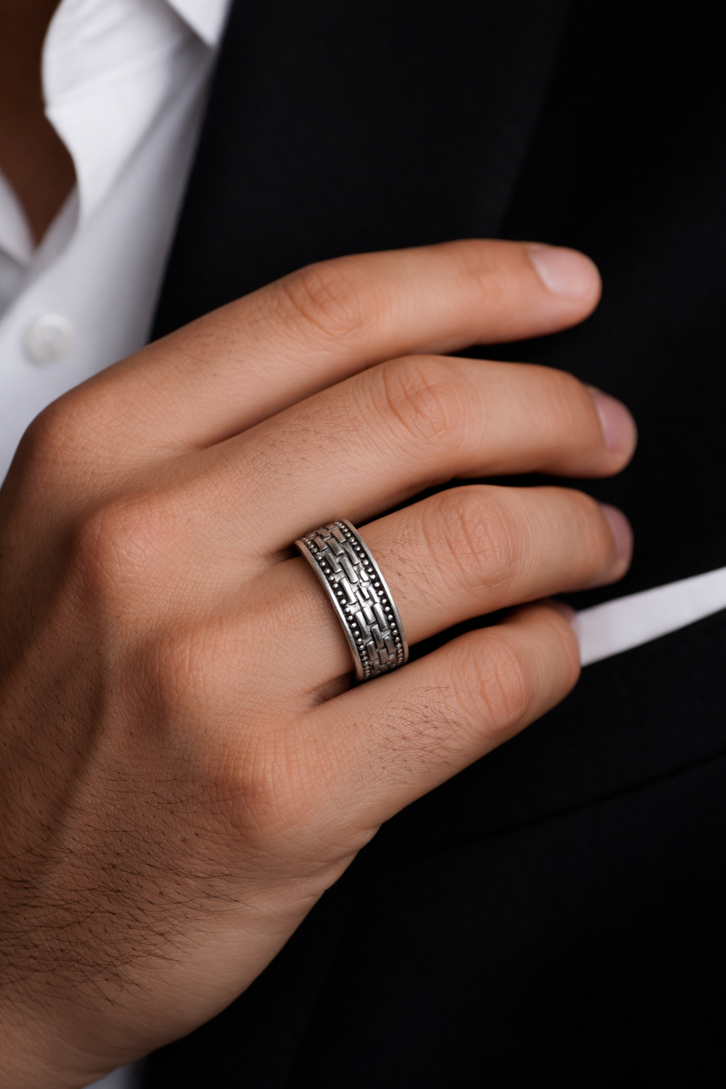 Textured Brick Pattern Oxidised 925 Silver Ring