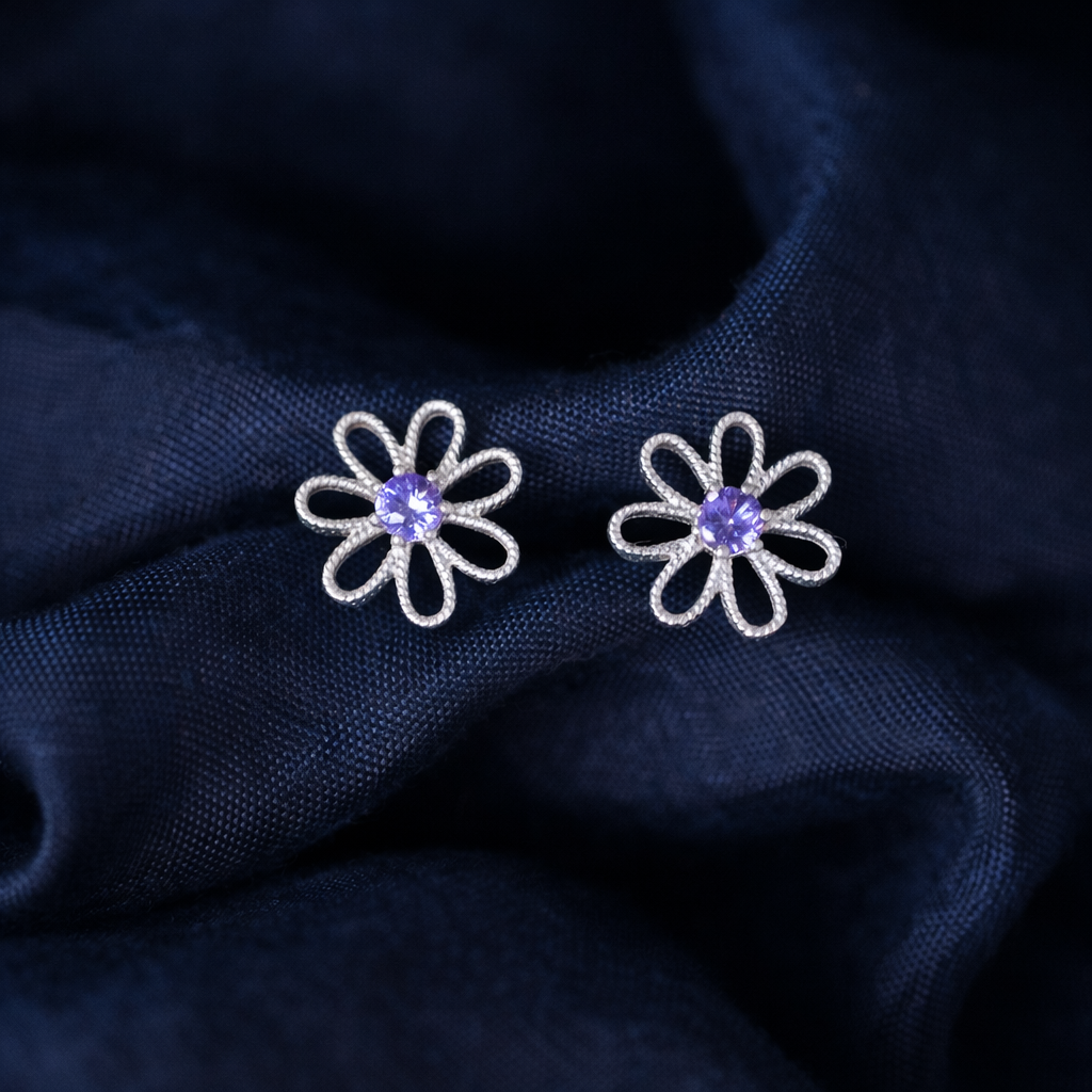 Amethyst Daisy Flower Sterling Silver Stud Earrings