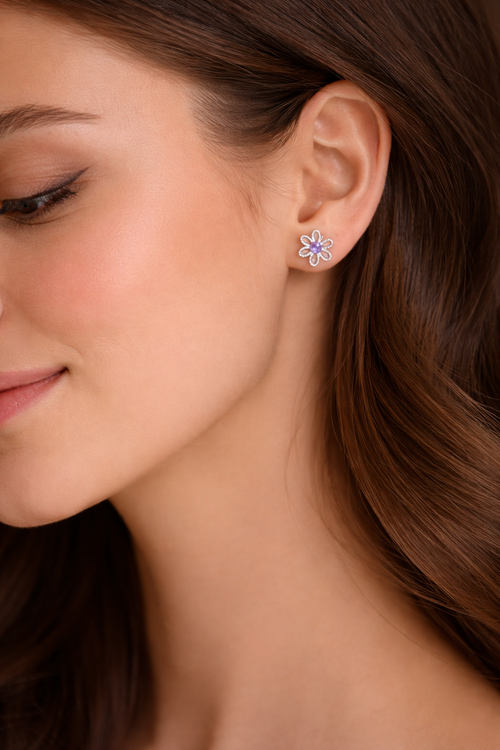 Amethyst Daisy Flower Sterling Silver Stud Earrings