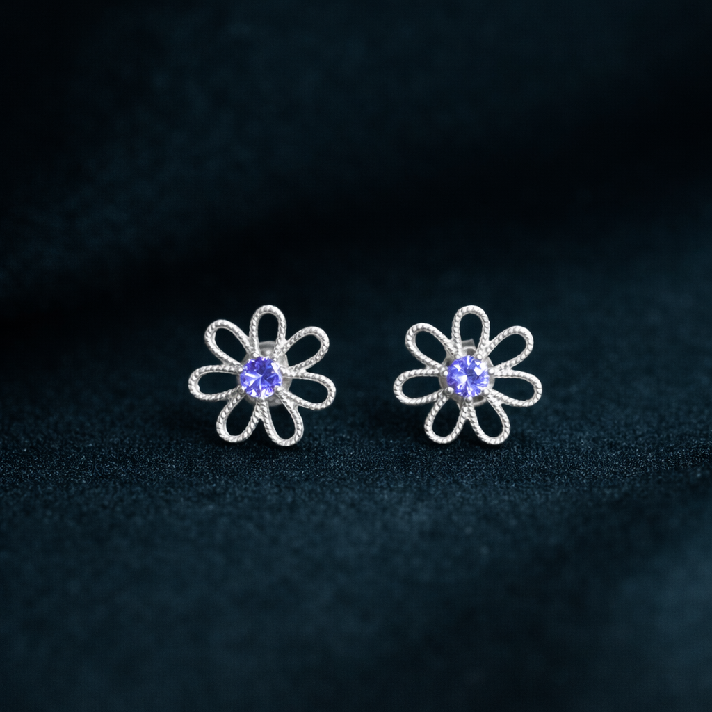 Amethyst Daisy Flower Sterling Silver Stud Earrings