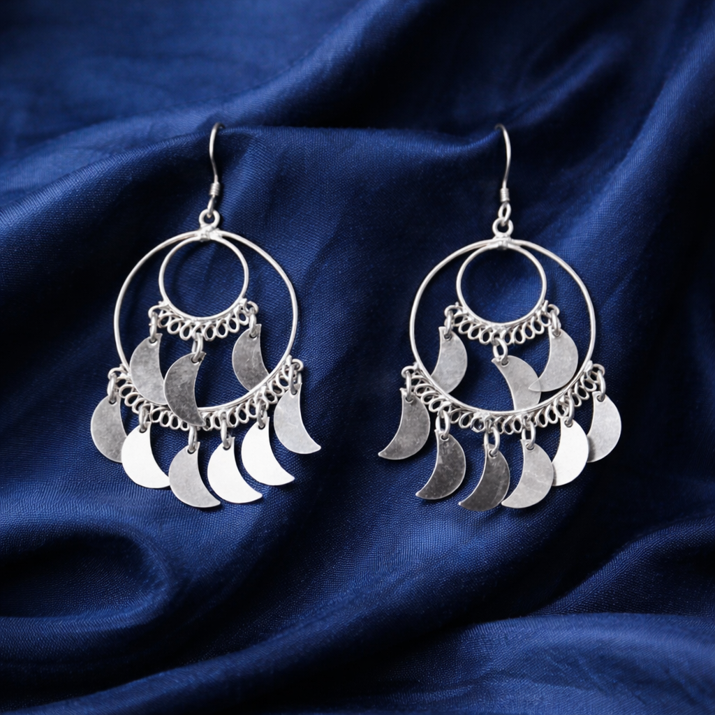 Crescent Moon Chandelier Oxidised Silver Earrings