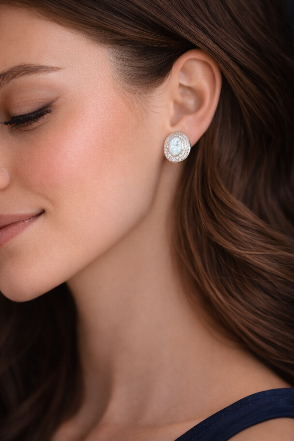 Blue Oval Halo CZ Sterling Silver Stud Earrings