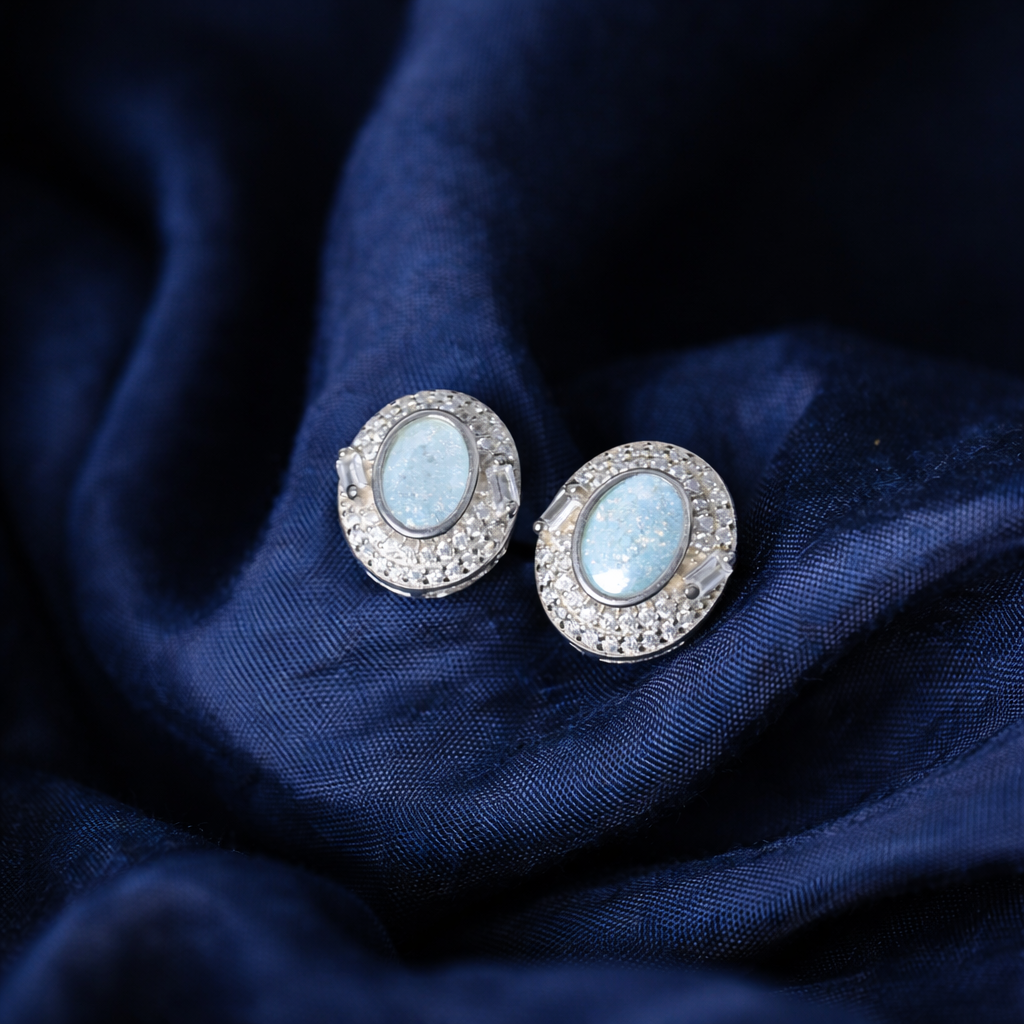 Blue Oval Halo CZ Sterling Silver Stud Earrings