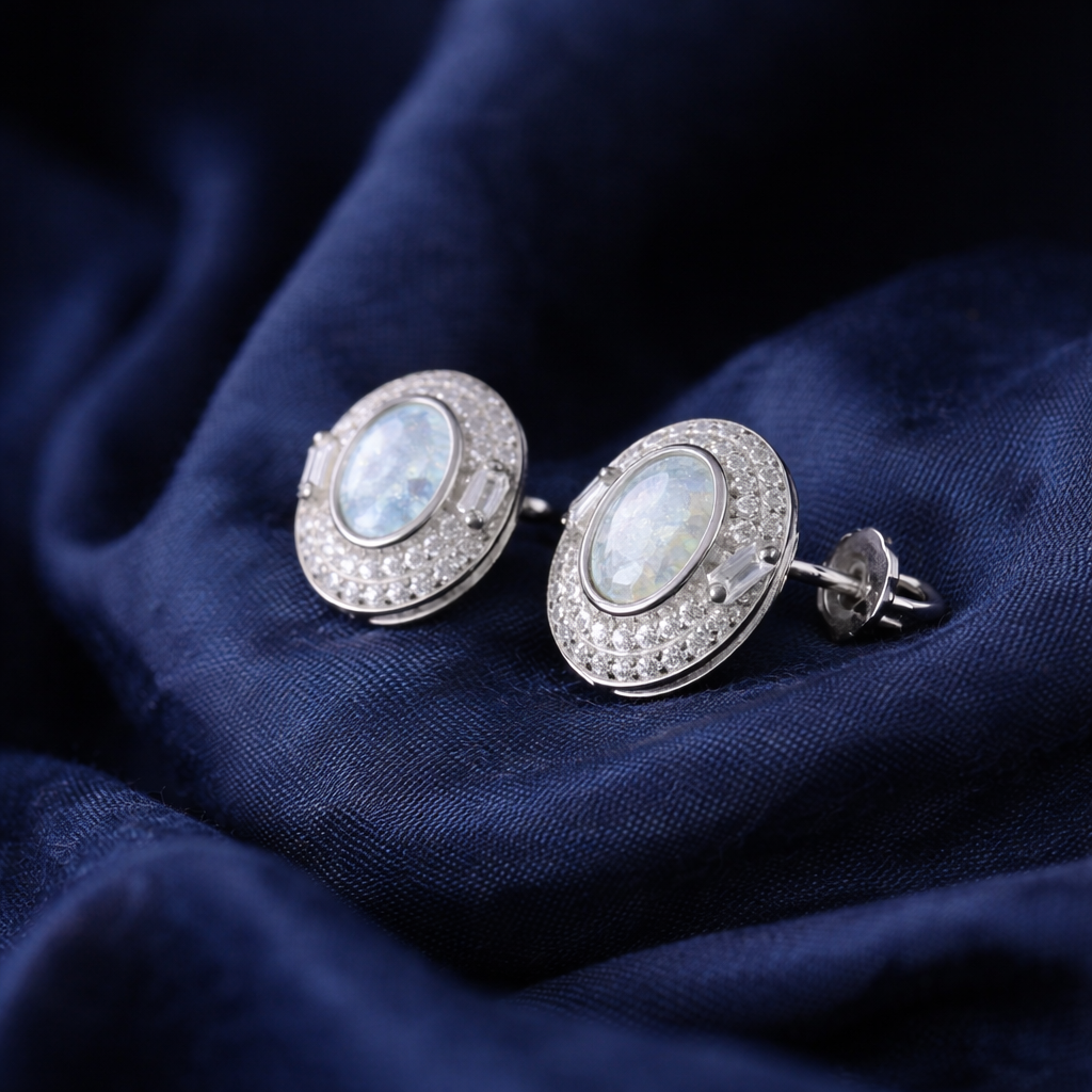 Blue Oval Halo CZ Sterling Silver Stud Earrings