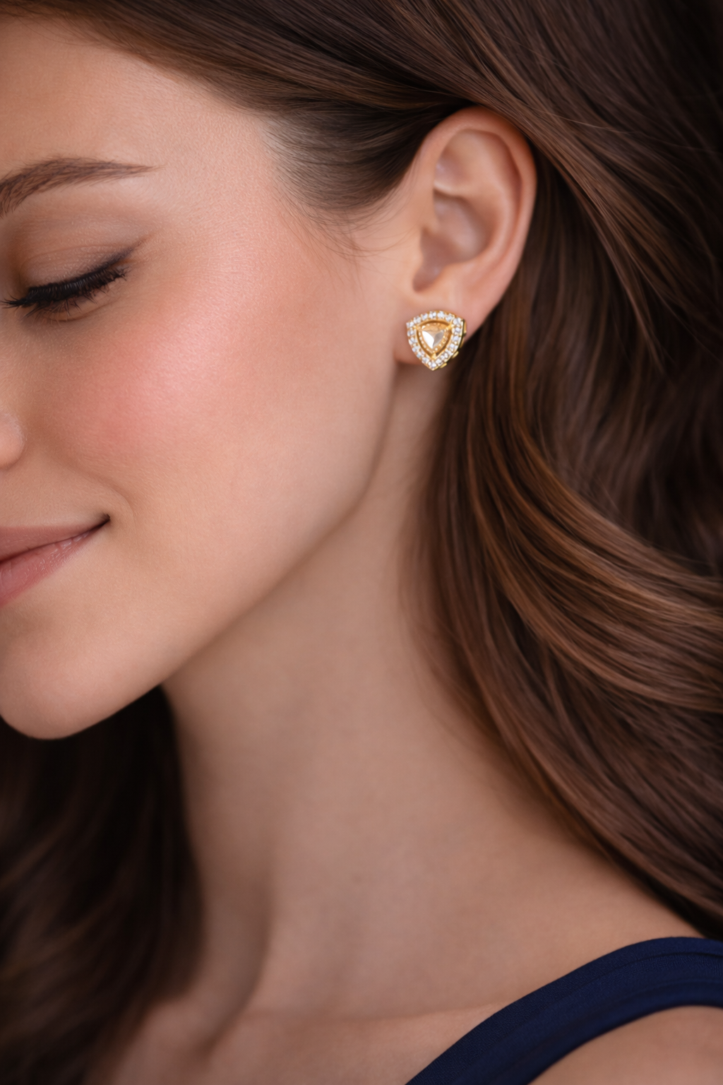 Kundan Triangle Pave Halo Gold Color Stud Earrings