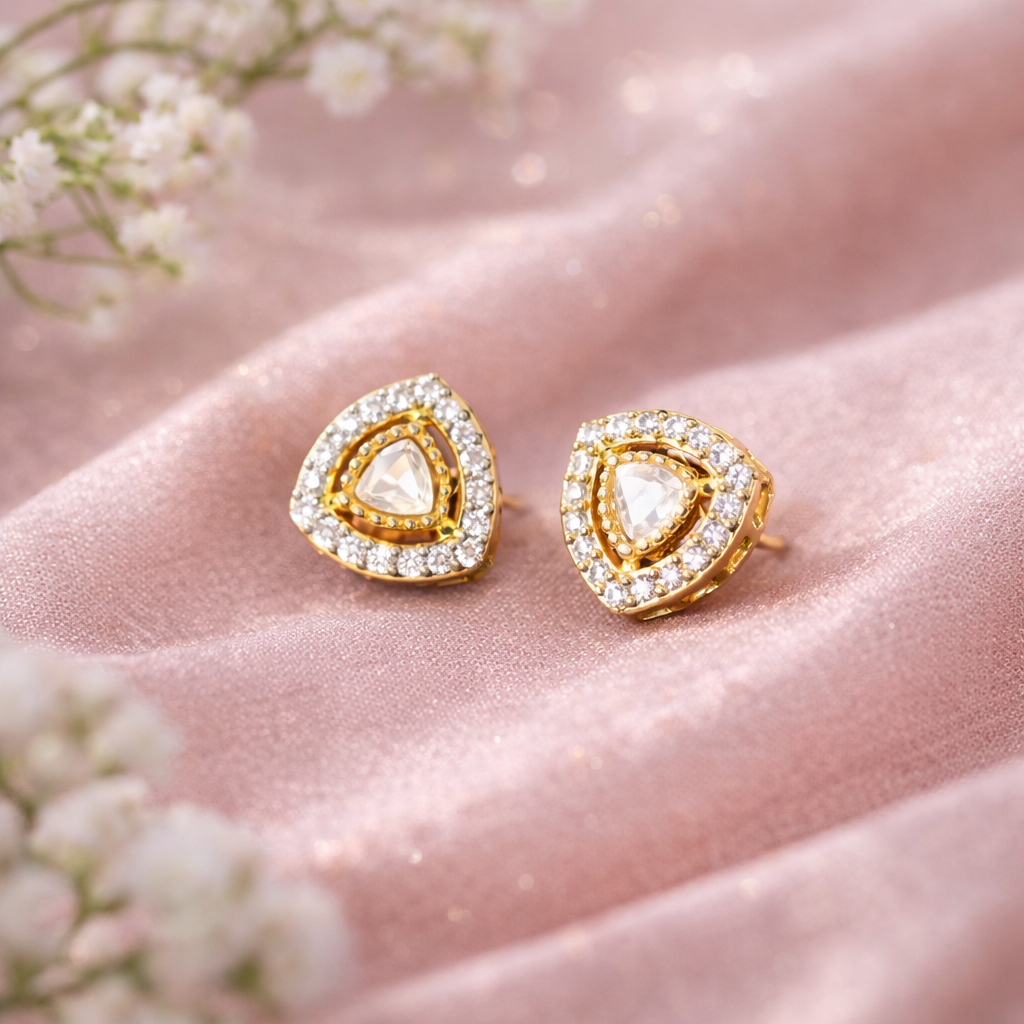 Kundan Triangle Pave Halo Gold Color Stud Earrings
