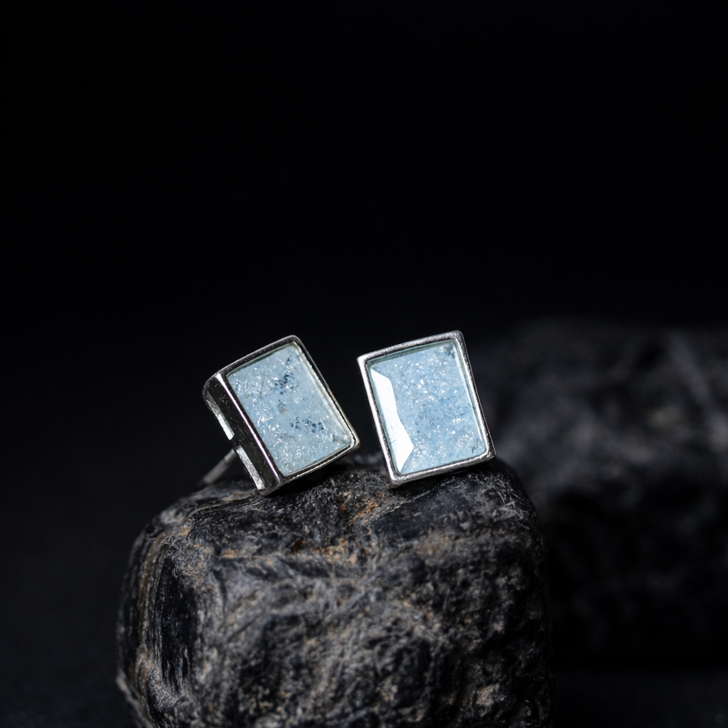 Aquamarine Rectangle Sterling Silver Men's Stud Earrings