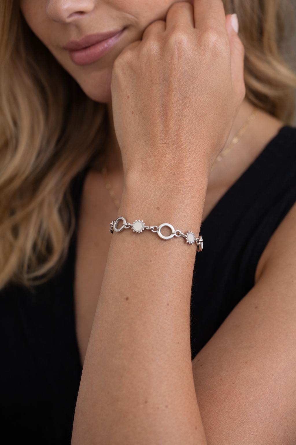 Starburst Circle Chain Sterling Silver Bracelet