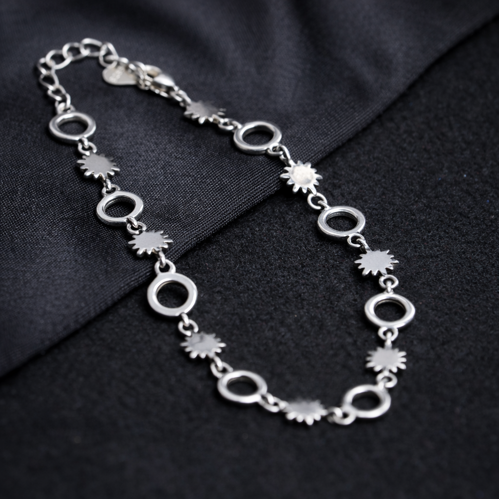 Starburst Circle Chain Sterling Silver Bracelet